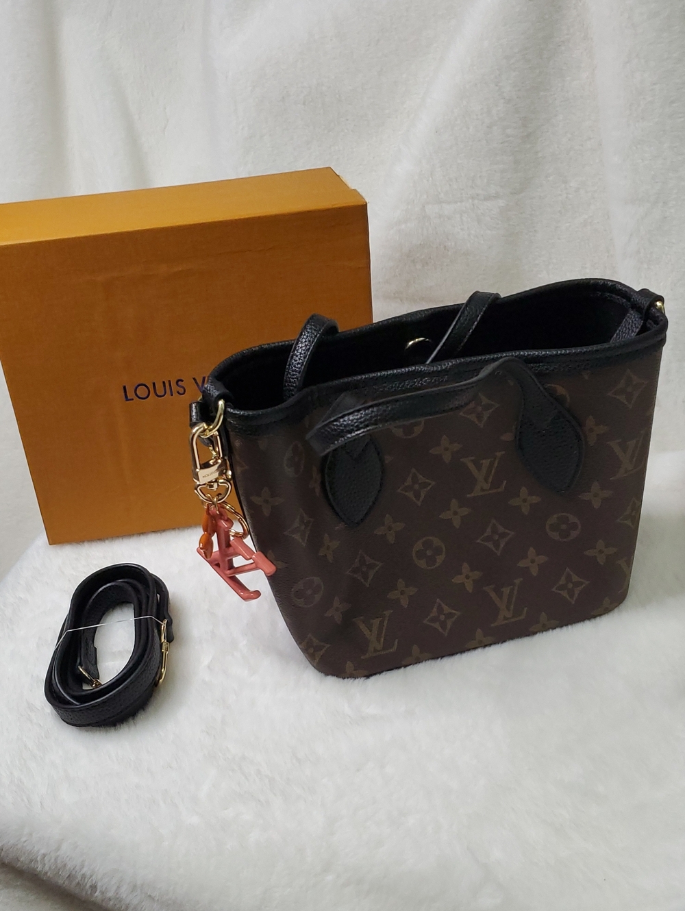 Lv  Brown Monogram Mini Tote with Black Trim and Coral Charm